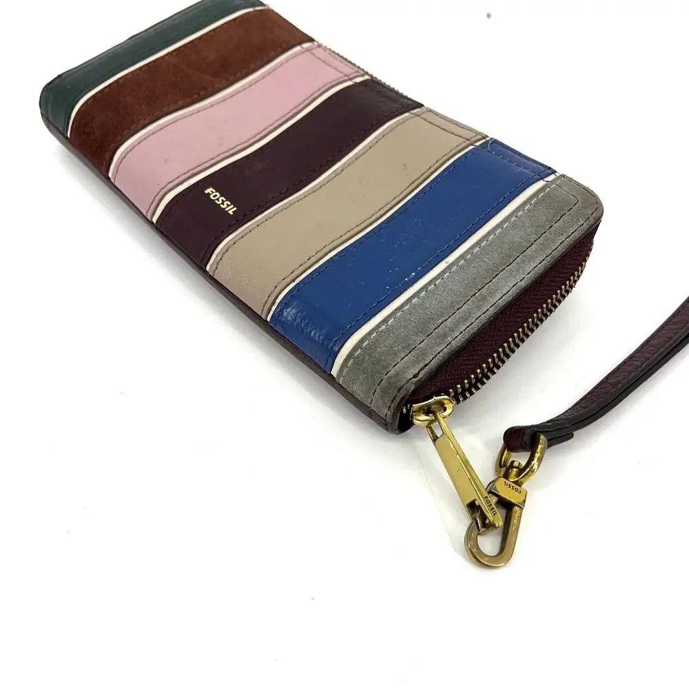 Fossil Logan Purple Multi-Color Striped Zip Around Leather Wallet Wrist Strap‎
